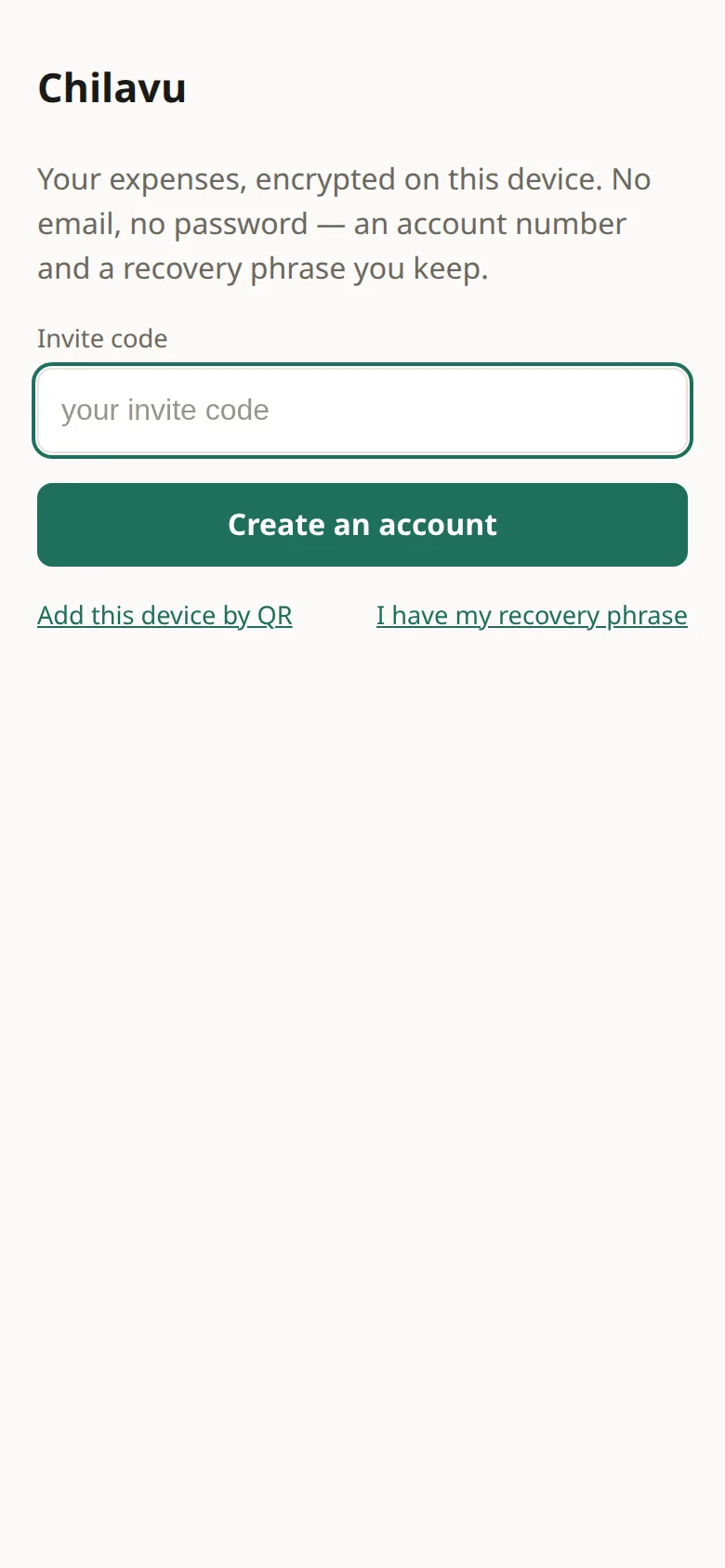 Signup screen with an invite code field and a Create an account button