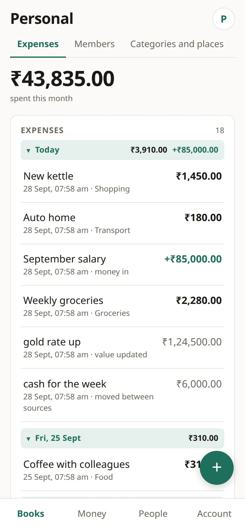 Radha's Personal book with a month of expenses