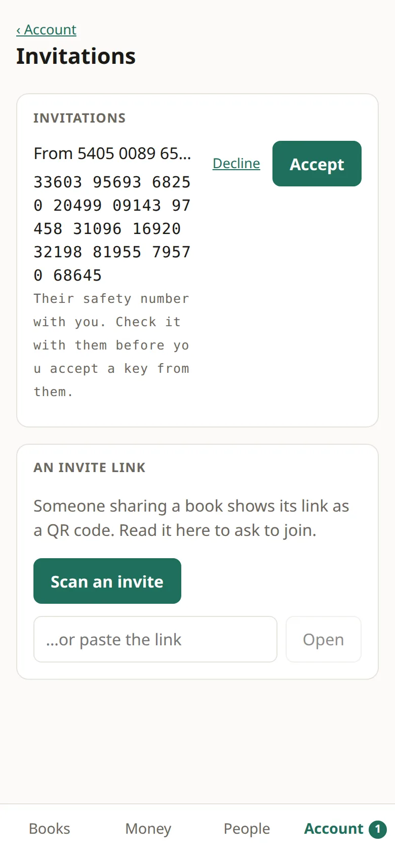 Invitation from Radha's number with a safety number and Accept button