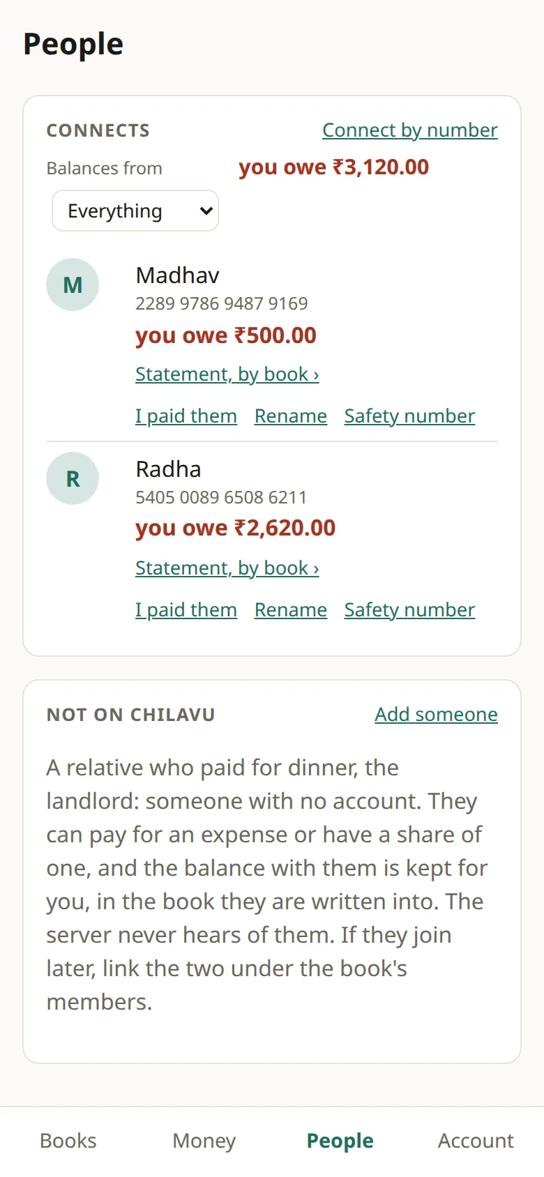 Aaris's People: owes Madhav ₹500 and Radha ₹2,620