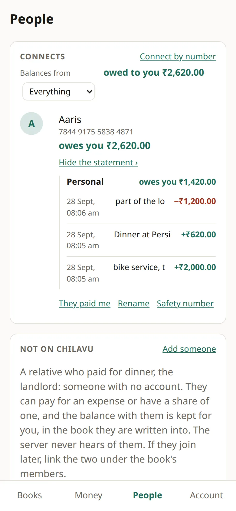 Radha's People with Aaris owing ₹2,620 and the statement open