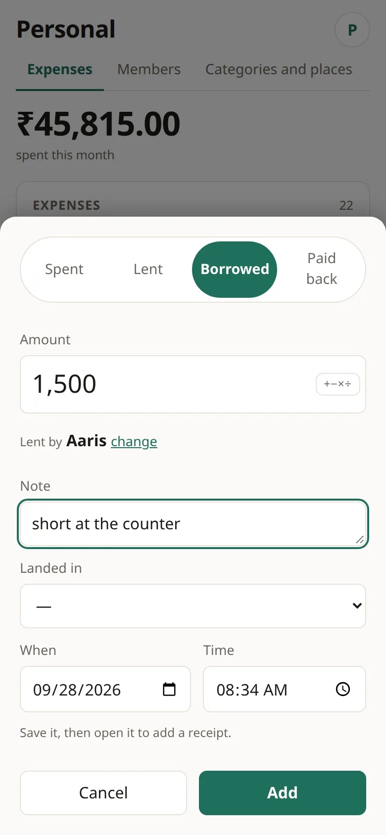 Borrowed ₹1,500, lent by Aaris