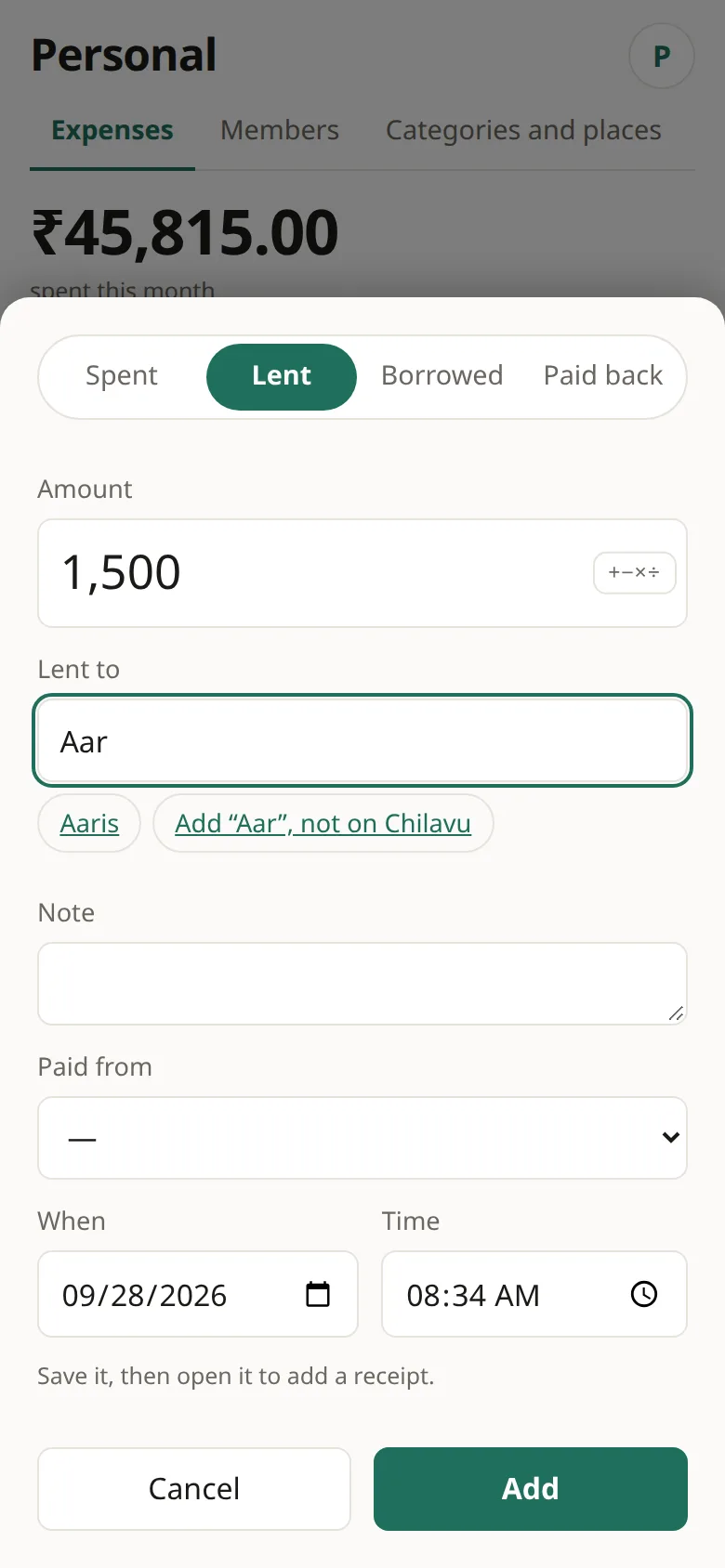 Lent sheet with Aar typed and Aaris suggested
