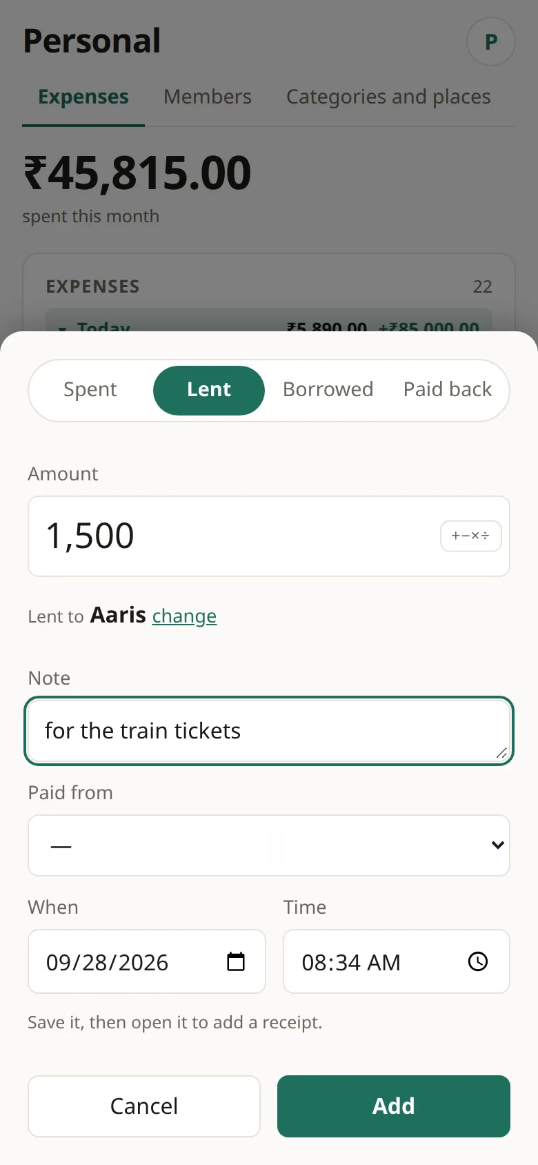 Lent ₹1,500 to Aaris for the train tickets
