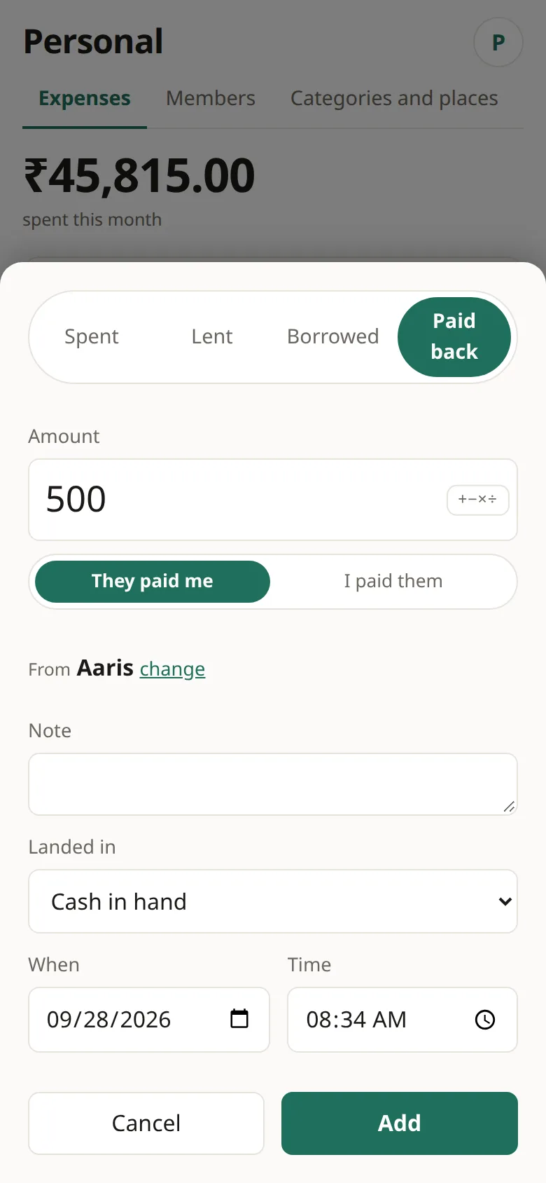 Paid back ₹500 from Aaris, landed in Cash in hand