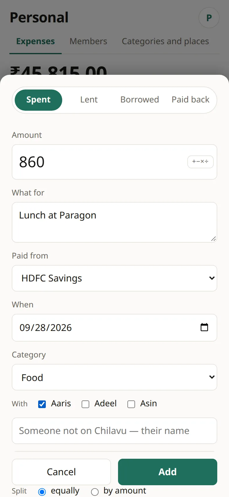 Spent sheet with ₹860 lunch, Food, HDFC Savings, split with Aaris