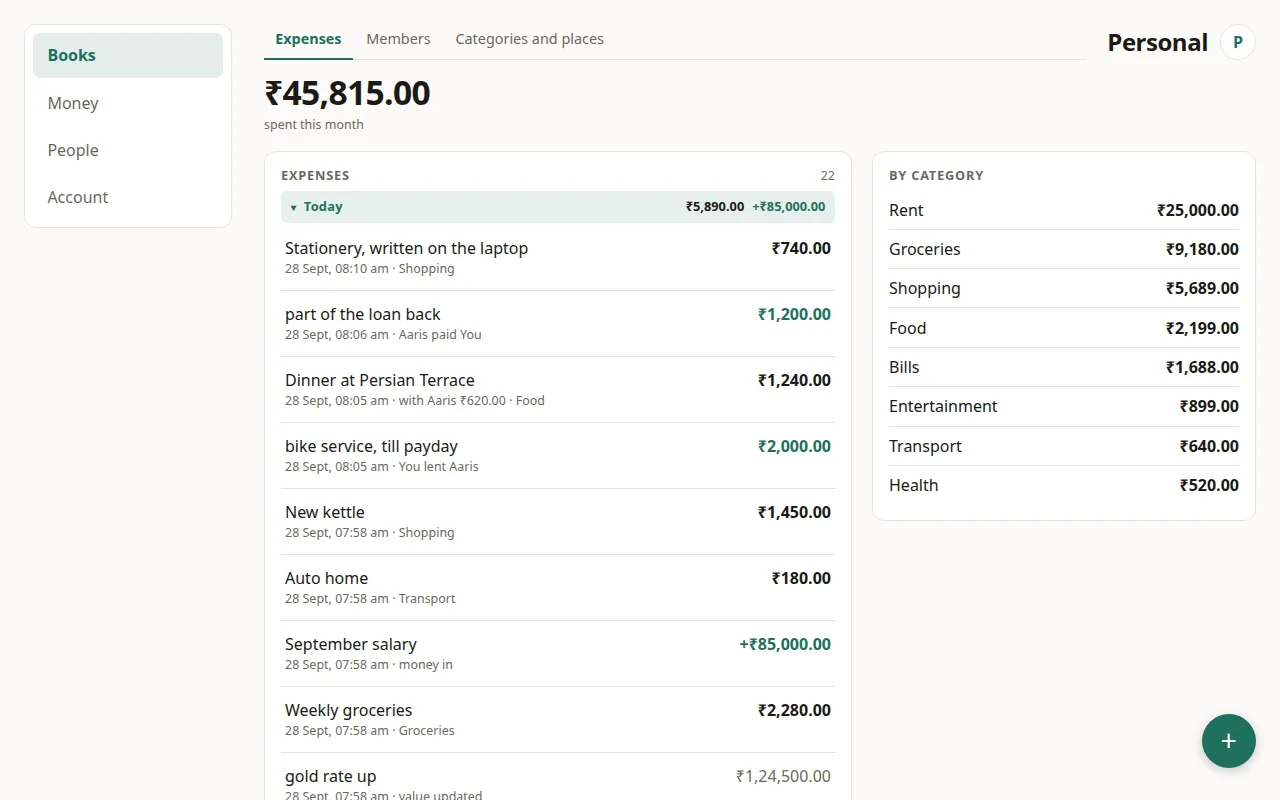 The same Personal book on a wide laptop screen, with categories beside the list