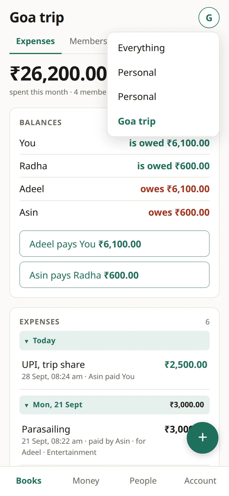 Book switcher open showing Everything, Personal and Goa trip
