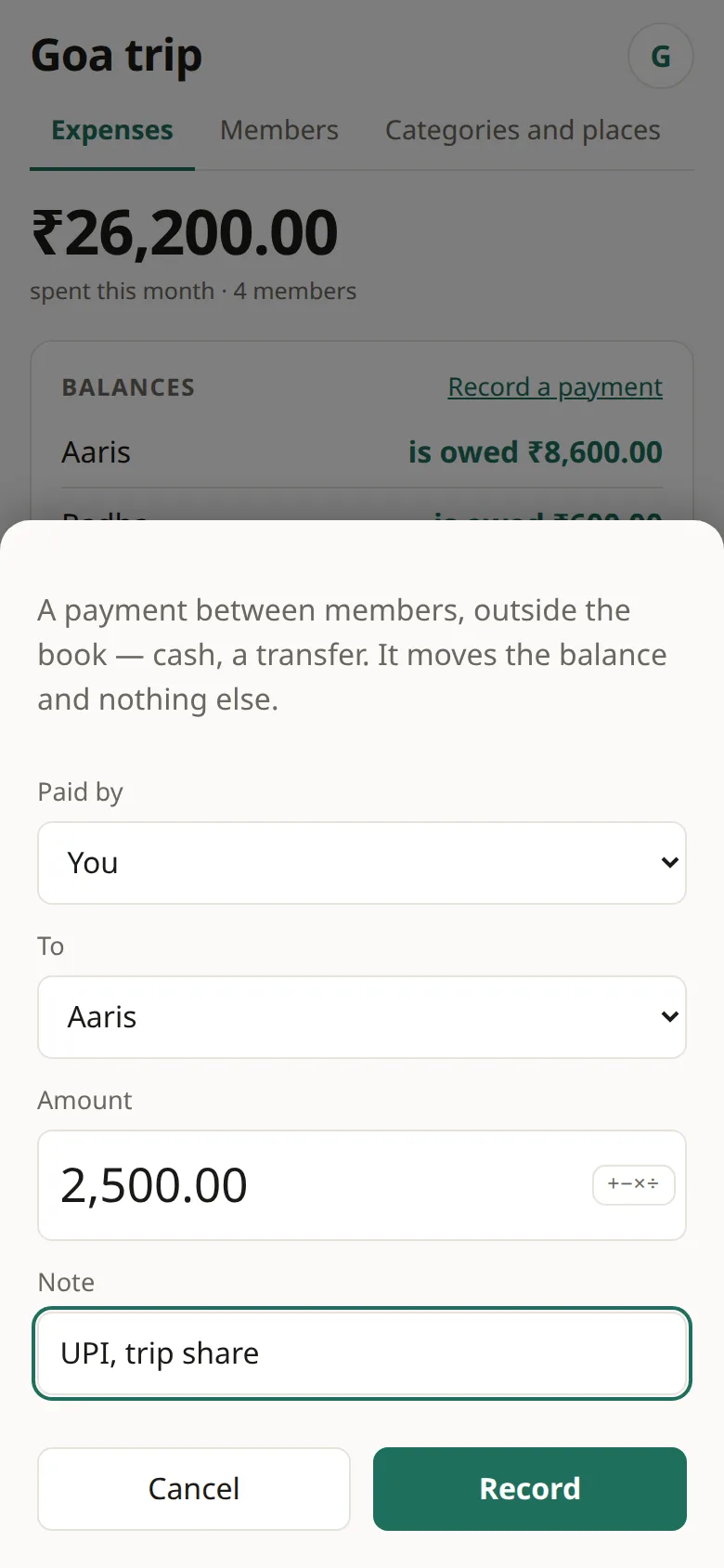 Payment sheet: Asin pays Aaris ₹2,500