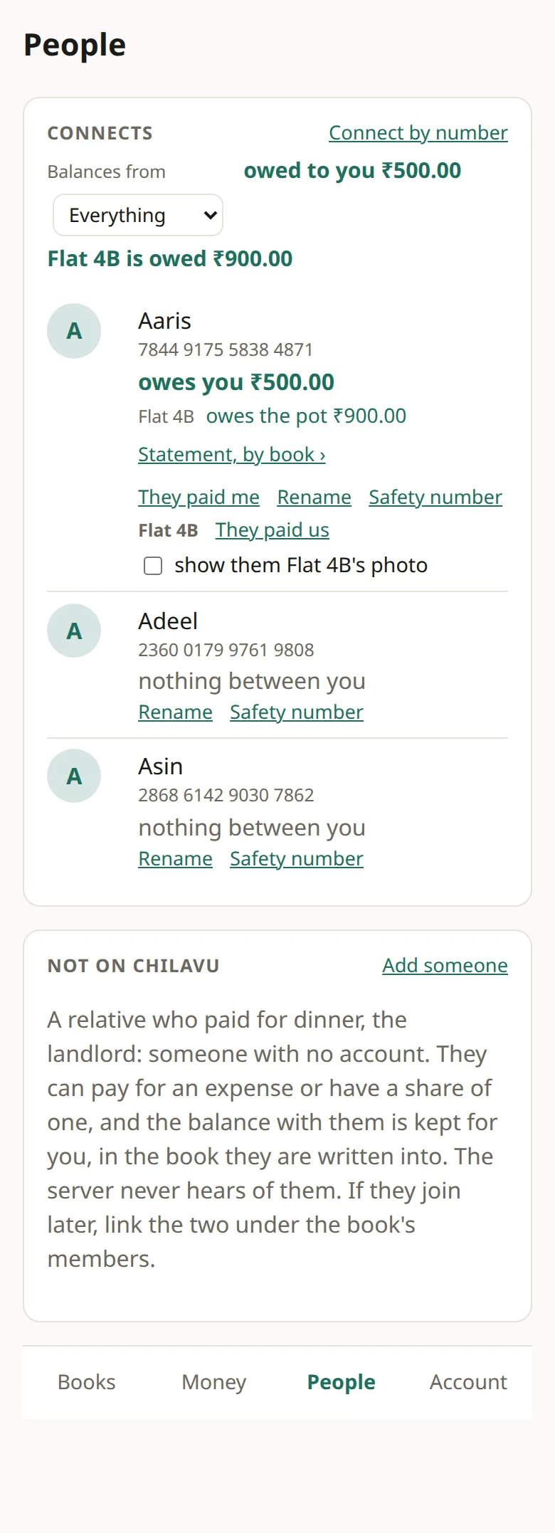 Madhav's People: Aaris owes you ₹500, and Flat 4B is owed ₹900