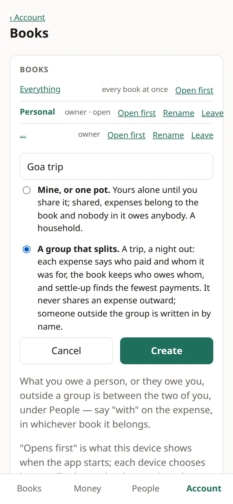 New book form with Goa trip typed and A group that splits chosen