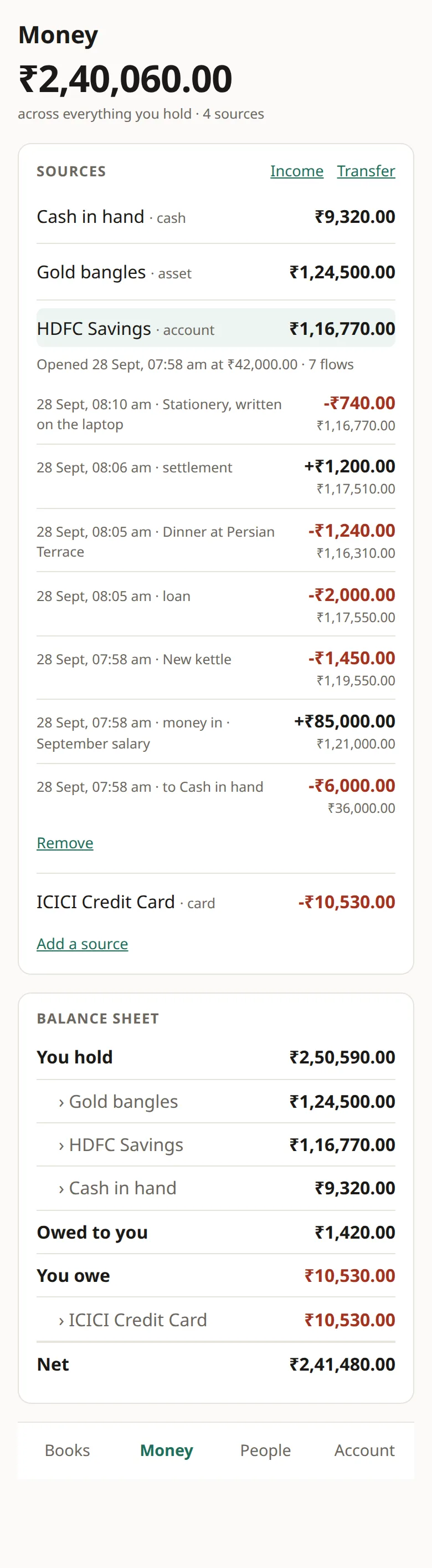 HDFC Savings statement with seven flows and running balances