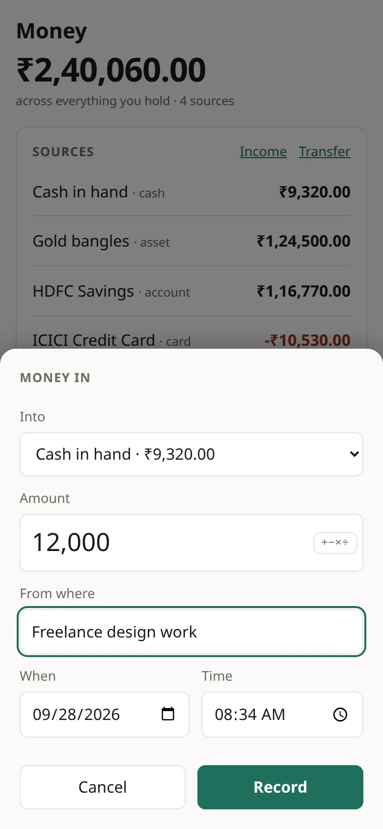 Money in sheet: ₹12,000 into Cash in hand from freelance work