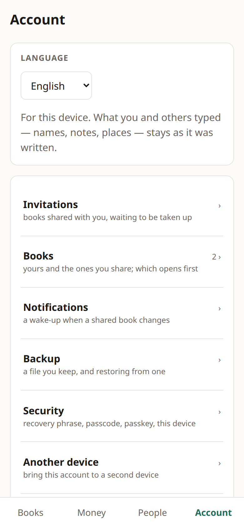 Account: invitations, books, notifications, backup, security, another device