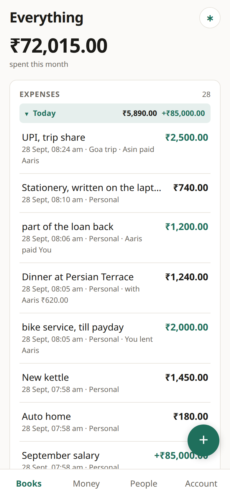 Everything: every expense across all your books, with what was spent this month and totals by category