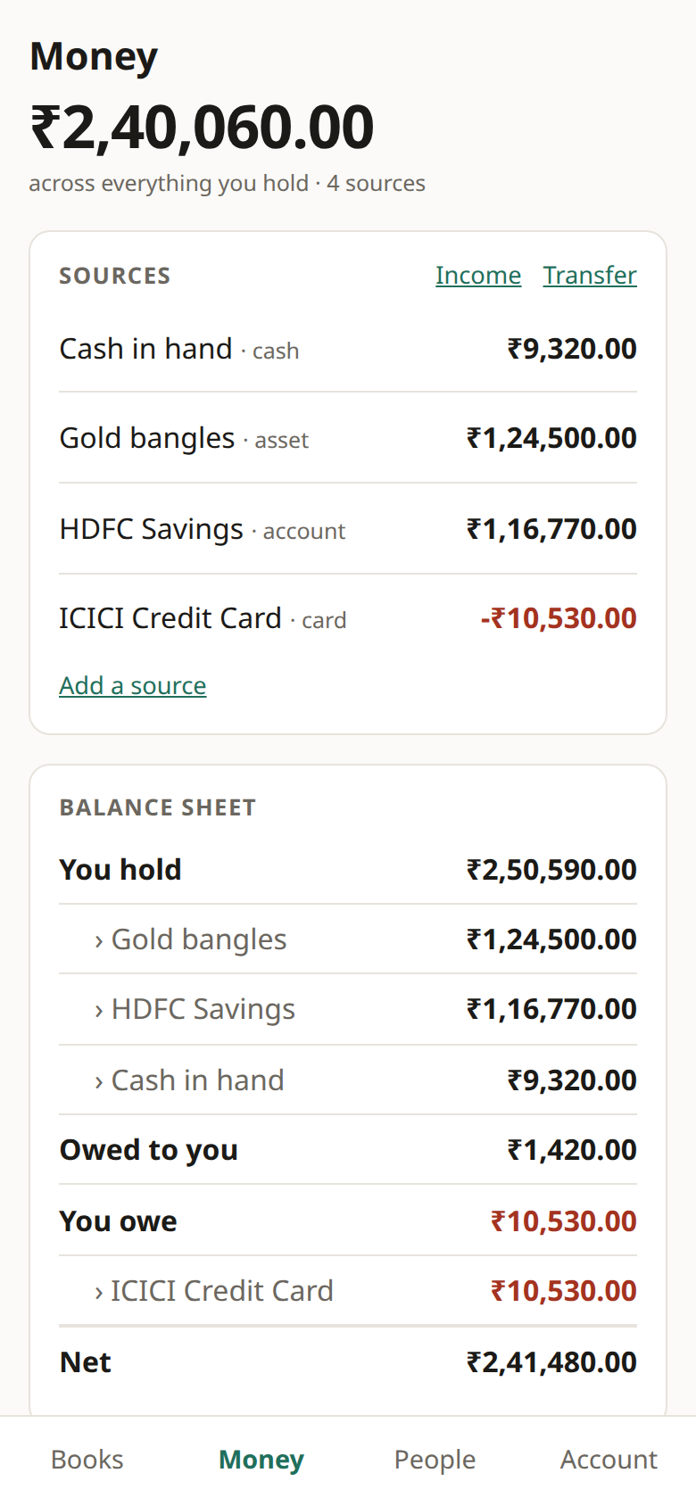 Money: cash, accounts, cards and assets, with a balance sheet