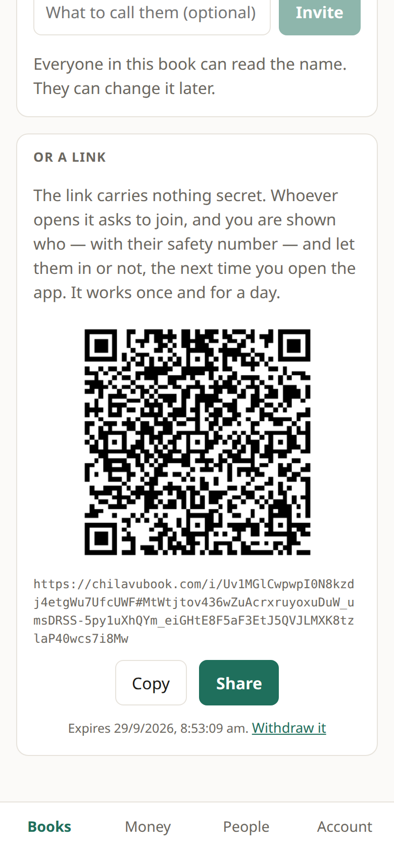 Sharing a book: an invite link as a QR code, and the safety number
