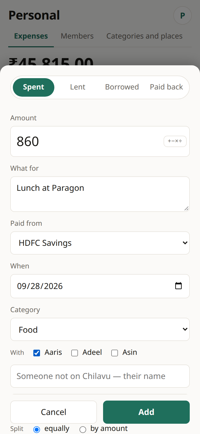 Adding an expense: amount, what for, when, category, place, paid from, and with whom